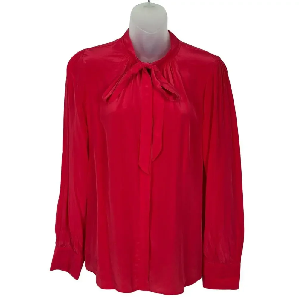 J.Crew Tie-Neck Top in Crepe de Chine Bow Button Up Shirt in Red Size 8 NWT $118